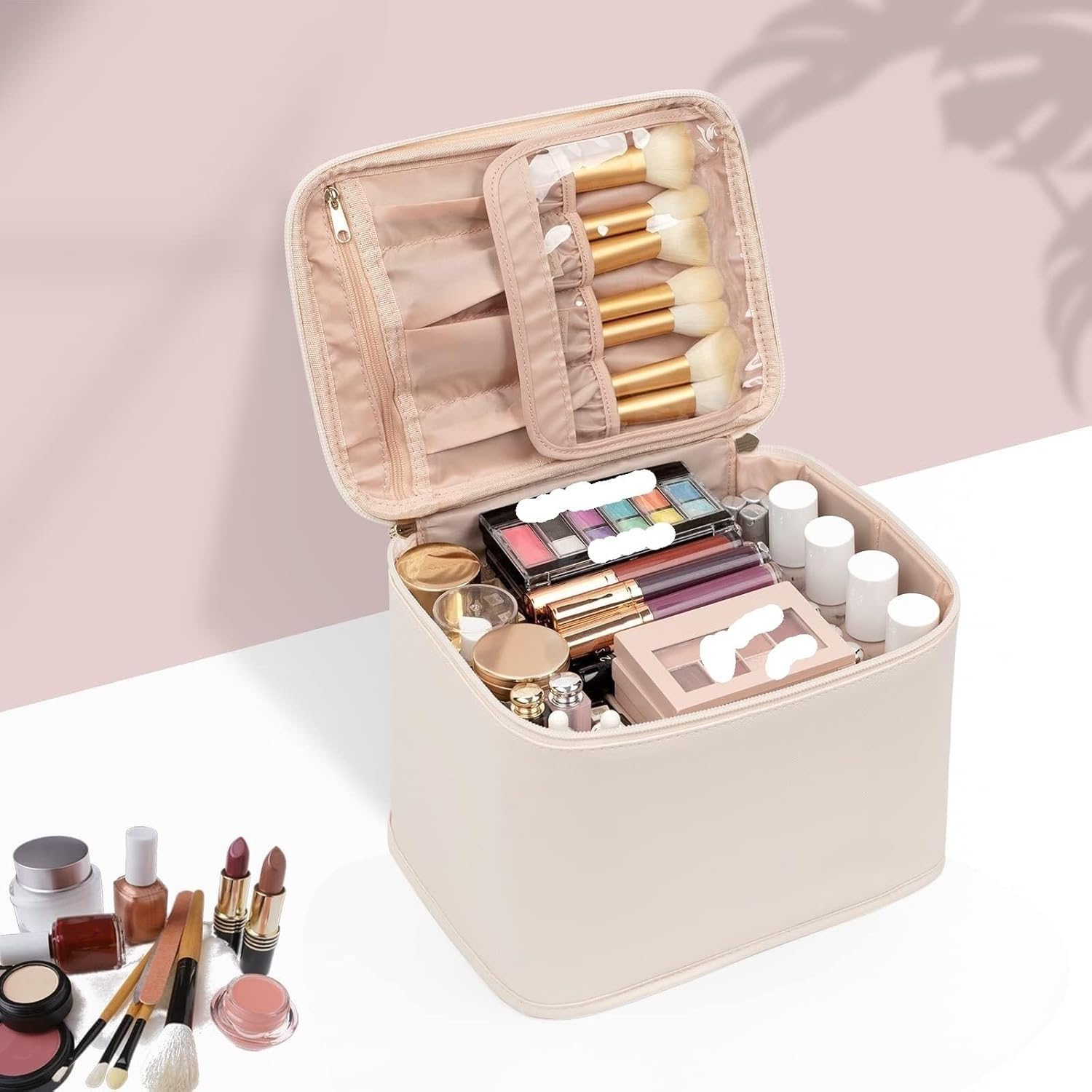 Beauty Case da Viaggio da Donna, Organizer per Cosmetici e Trucco Impermeabile con Scomparti e Manico - Custodia Portatile per Kit da Barba e Prodotti per la Cura della Pelle(Beige)