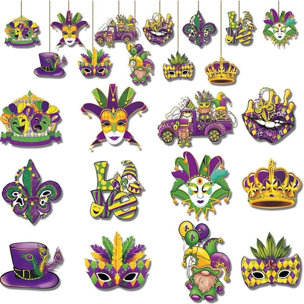 36 Pièces Suspendus Mardi Gras, Etiquettes Artisanales sur Le Thème du Carnaval, Ornement Suspendu pour Décoration de Fête du Mardi Gras
