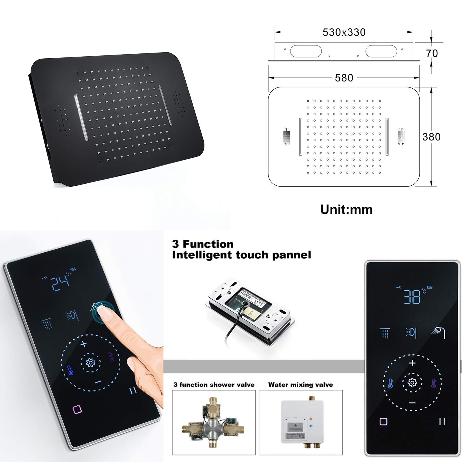 Sistema doccia musicale a 64 colori LED, set di rubinetto per doccia nero con soffione da 580 mm x 380 mm, doccetta a mano, rubinetto per vasca da bagno, valvola doccia intelligente, controllo del