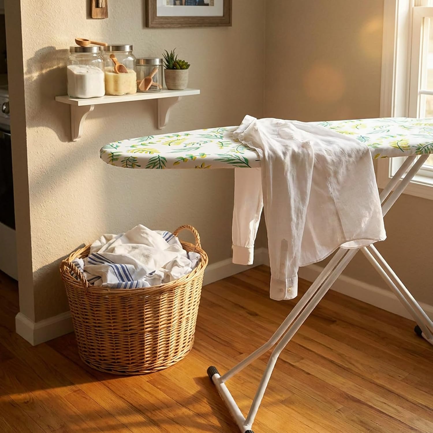 SheeChung Ironing Board 13"x43",Foldable Ironing Boards with Iron Rest,Compact Ironing Board for Small Space,Heat Resistant Cover,7 Adjustable Height,Heavy Duty Sturdy Legs,Yellow Leaf