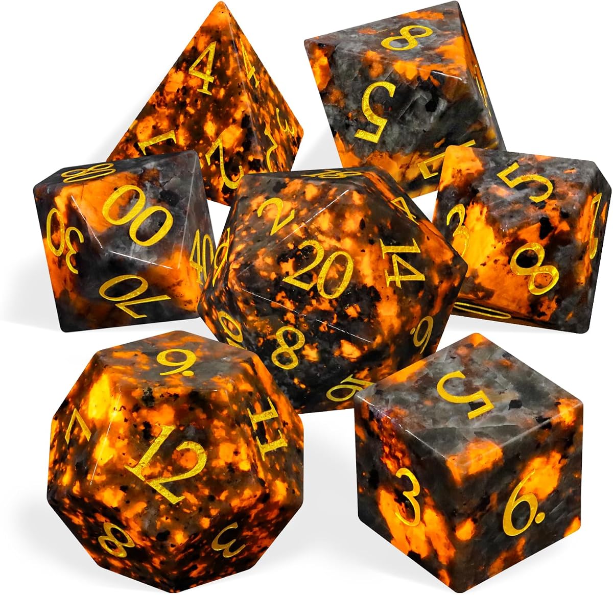 Natural Flame Yooperlite Gemstone DND Dice, Birthday Gifts for Him, 7PCS Dungeons and Dragons Dice Set with Case for RPG, Handmade Cool Dice Sets D&D