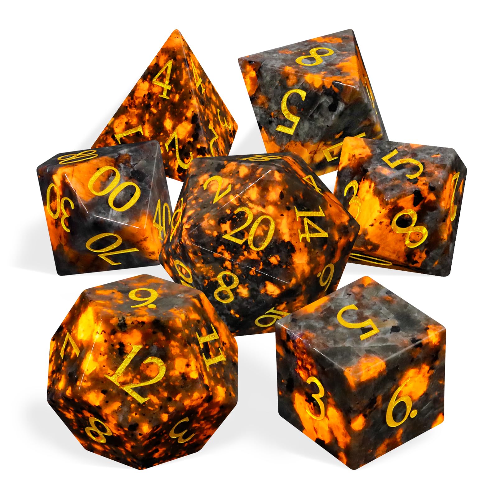 LUCKY-M Natural Flame Yooperlite Gemstone DND Dice, Birthday Gifts for Him, 7PCS Dungeons and Dragons Dice Set with Case for RPG, Handmade Cool Dice Sets D&D
