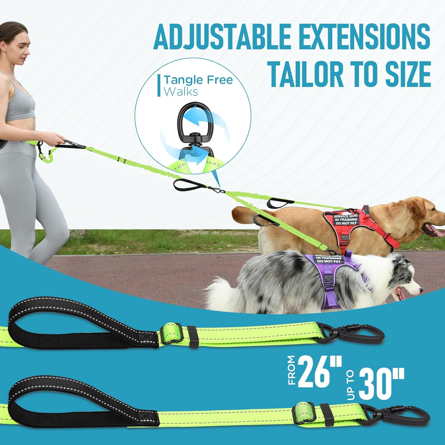 Heavy Duty Hands Free Double Dog Leash for Large Medium Breeds, 6-8ft Reflective Strong Nylon Bungee Leash with Dog Poop Bag Holder