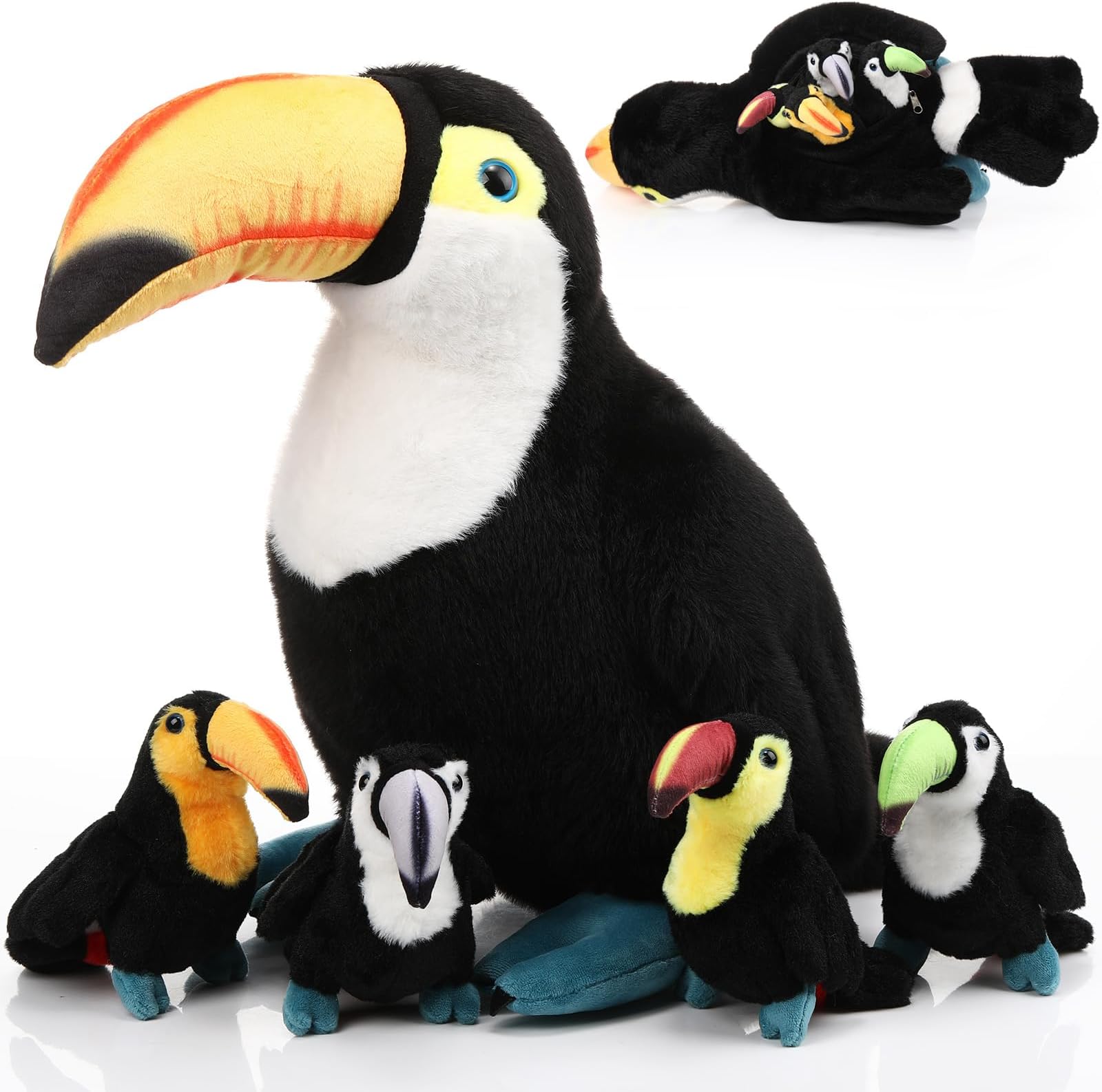 - 5 Pcs Stuffed Toucan Animal Plush Gifts Black Bird Stuffed Animal 14 Inch Large Realistic Mommy Bird with 4 Small Baby Toucan Plushies in Zippered Tummy Toys for Birthday Gifts