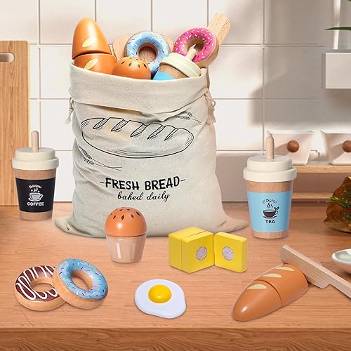 Miniatura 5 de Juego de madera para panadería, juguetes de comida, juego de cocina para niños, accesorios de cocina con bolsa de almacenamiento, juego de