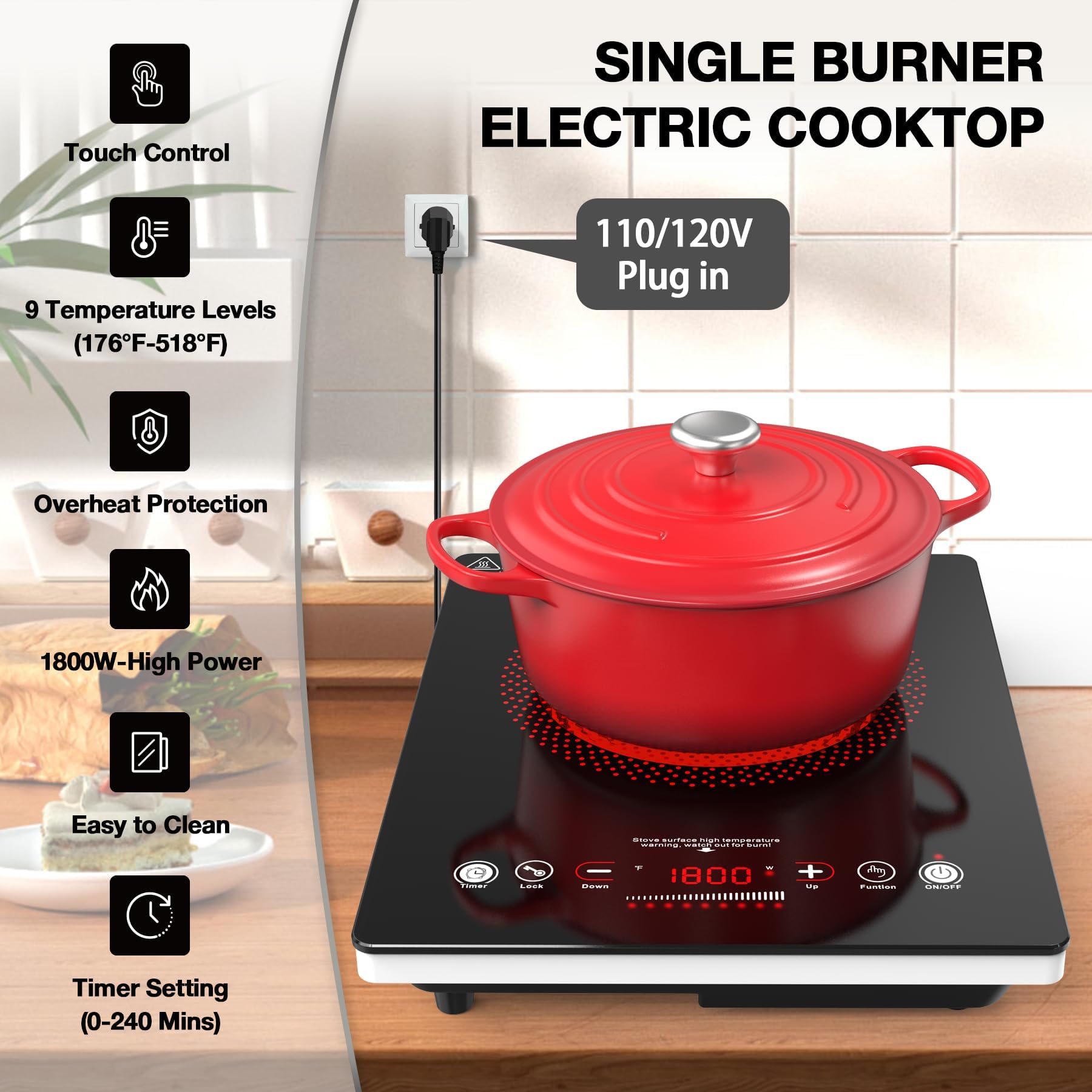 Cocina eléctrica de un solo quemador, estufa eléctrica de 110 V 1800 W con control táctil LED, quemador eléctrico único 9 niveles de potencia, 4 hTimer, bloqueo de seguridad, protección contra 3