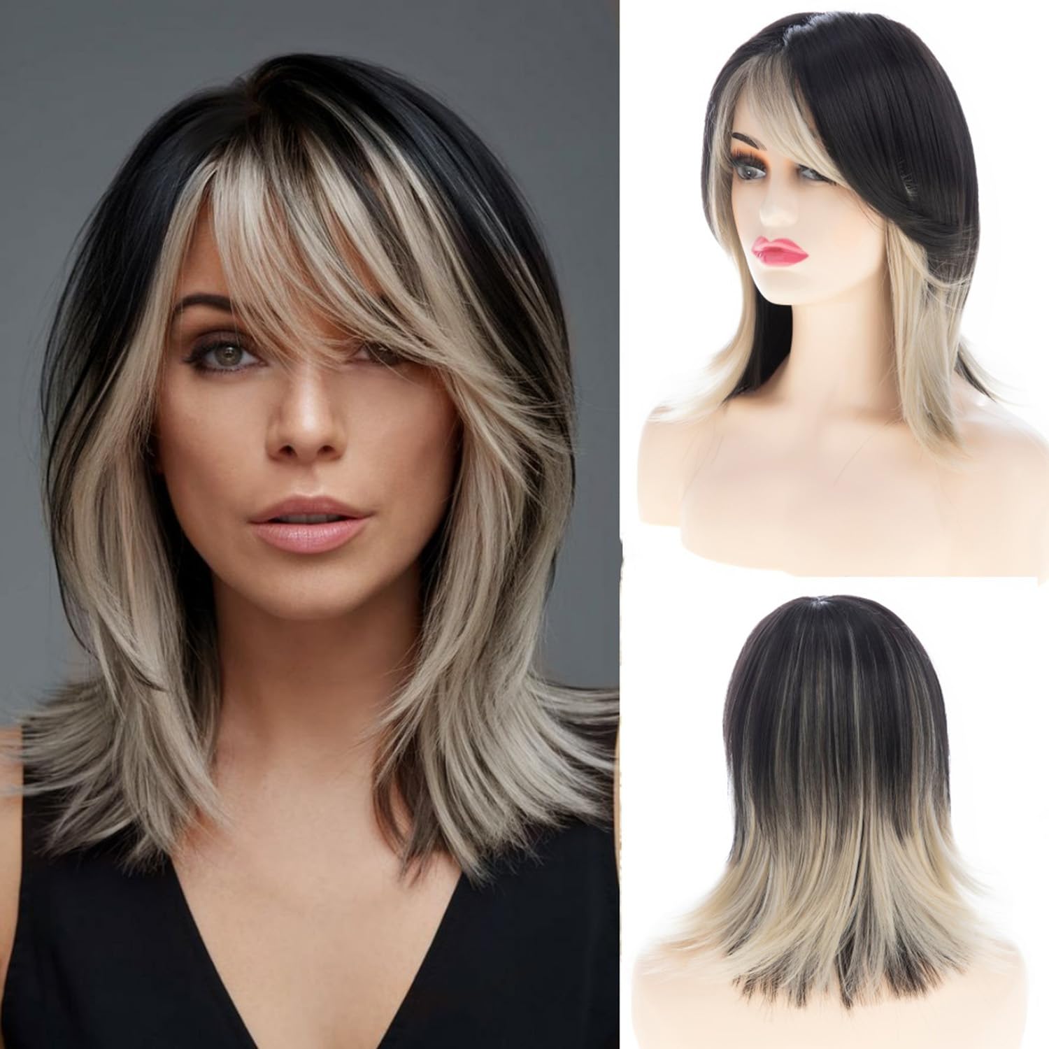 Women Black mixed Blonde Wig with Bangs Shoulder Length Straight Natural Looking Synthetic Heat Resistant Medium Hair Wigs for Daily Party