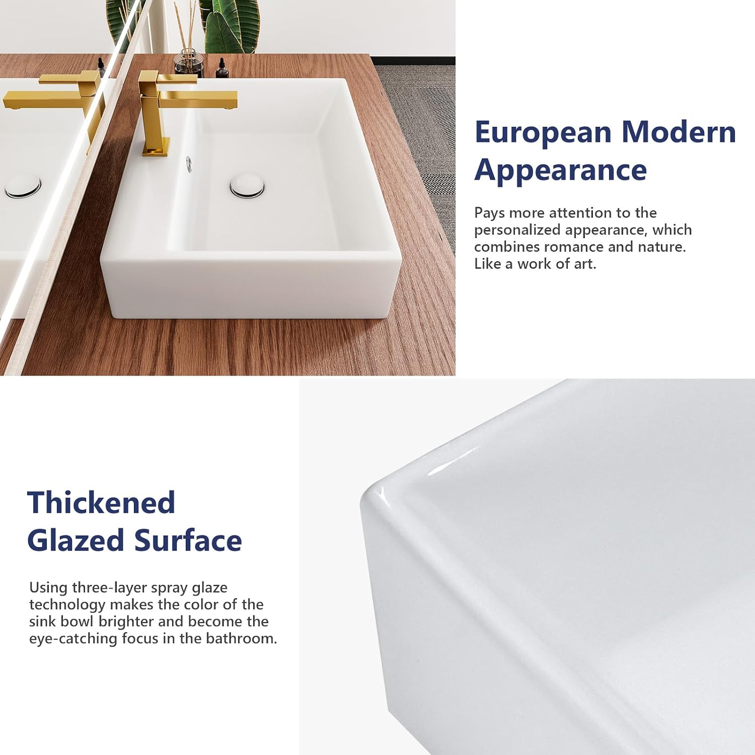 Davivy 20'' X 16.5'' Large Wall Mounted Vessel Sink with Pop Up Drain and Installation Kit,Rectangle Bathroom Sinks Above Counter,White Ceramic Vessel Sink(Large,Dual Installation Method)
