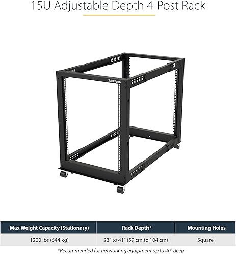 Miniatura 2 de StarTech.com 4POSTRACK15U Rack móvil de 4 postes de marco abierto para servidores, rack de red de 19 pulgadas con ruedas, estante rodante para