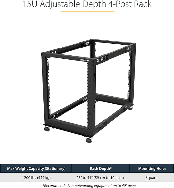 StarTech 15U 4-Post Open Frame Rack, 19in, 22-40in, 544kg/1200lb, 30in tall