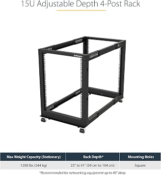 StarTech 15U 4-Post Open Frame Rack, 19in, 22-40in, 544kg/1200lb, 30in tall