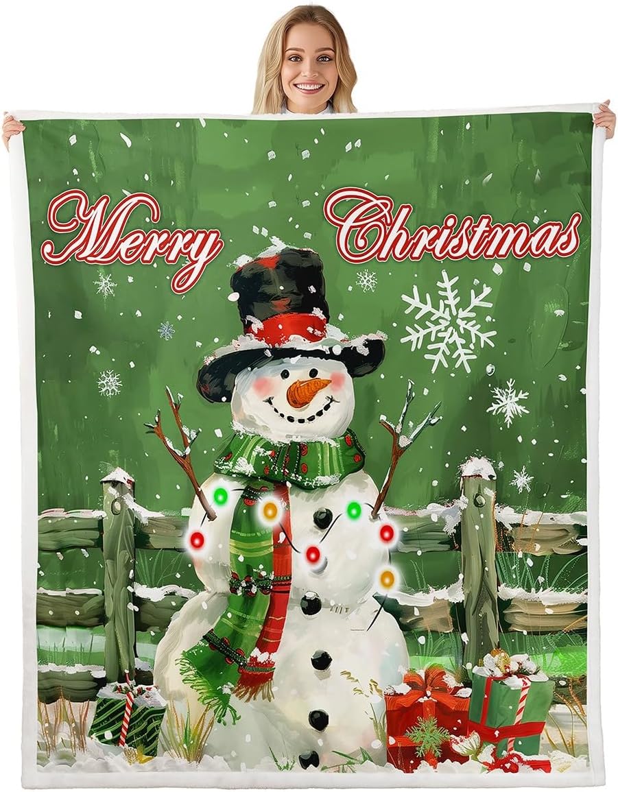 Merry Christmas Flannel Blanket,Xmas Holiday Green Watercolor Print Fuzzy Blanket for Children,Winter Snowflakes Gifts Candy Pattern Polyester Throw Blanket for Couch, Twin Size (60 x 80 Inch)