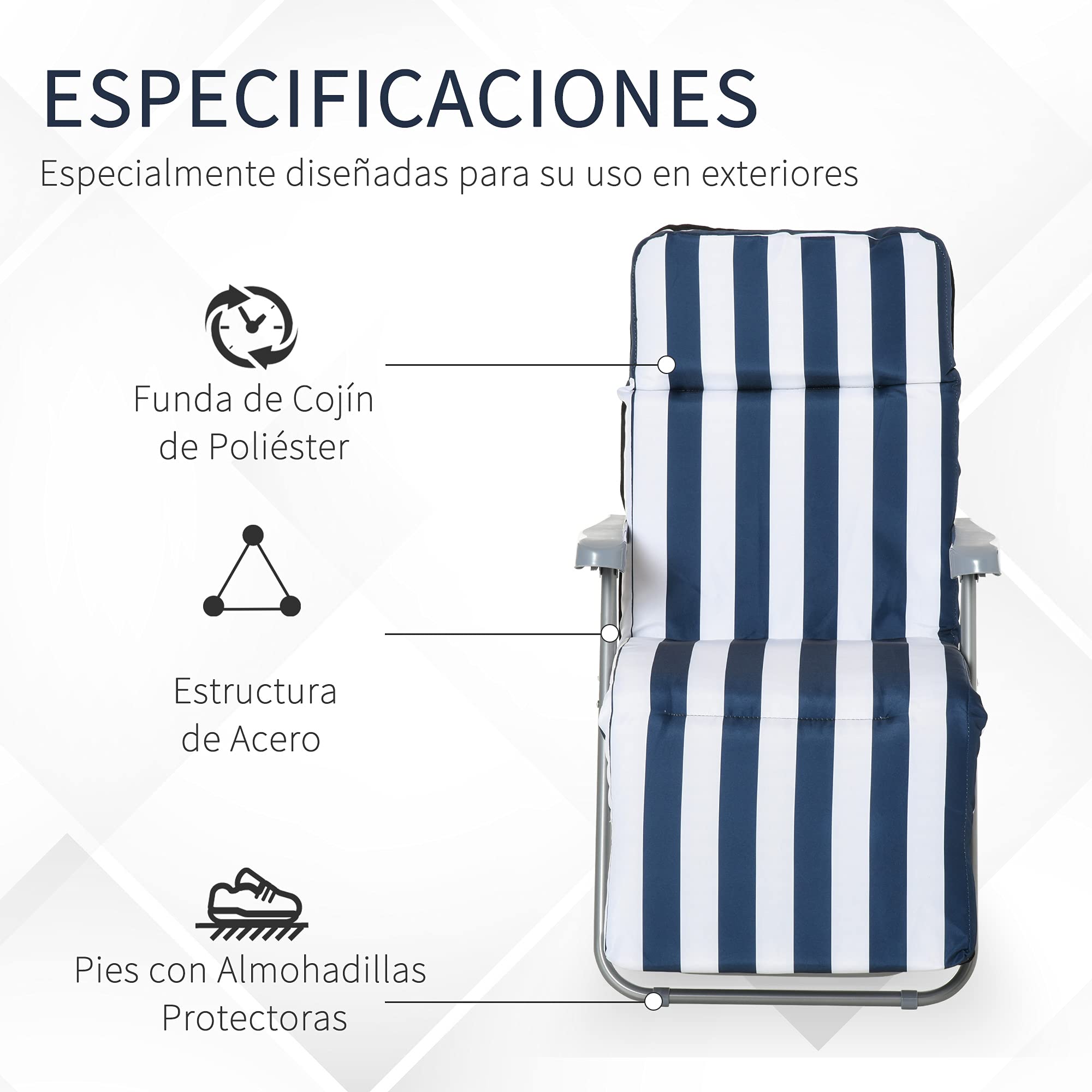 Outsunny Pack de 2 Tumbonas Plegables Tumbonas de Jardín Exterior con Cojín Acolchado, Respaldo Ajustable en 5 Posiciones, Reposapiés y Marco de Acero, 60x75x65-102 cm, Azul y Blanco