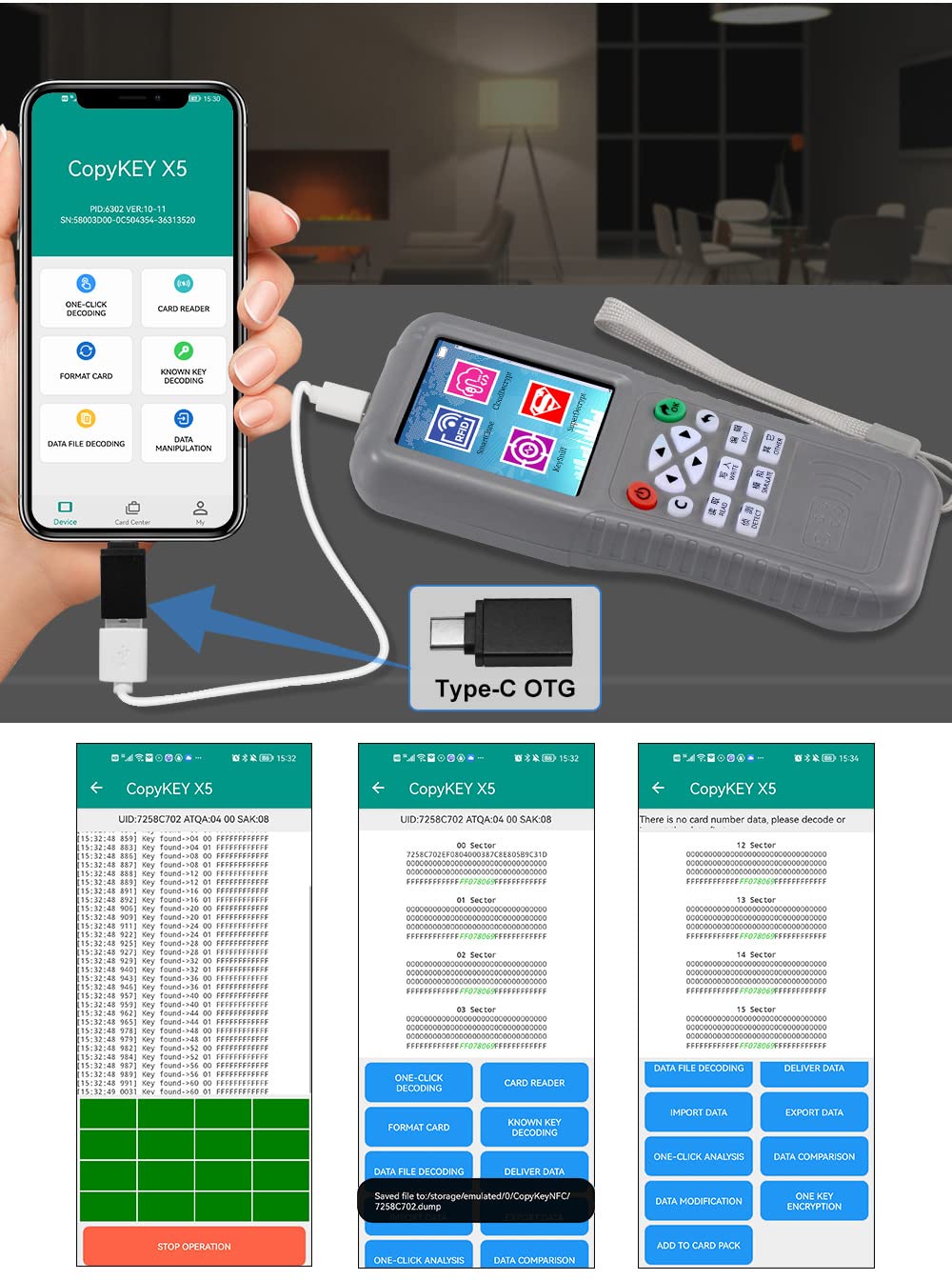 RFID WiFi CopyKey Fonction de décodage complet Copieur/lecteur/écrivain Programmateur de carte NFC Duplicateur de cartes + porte-clés T57, carte UID, OTG