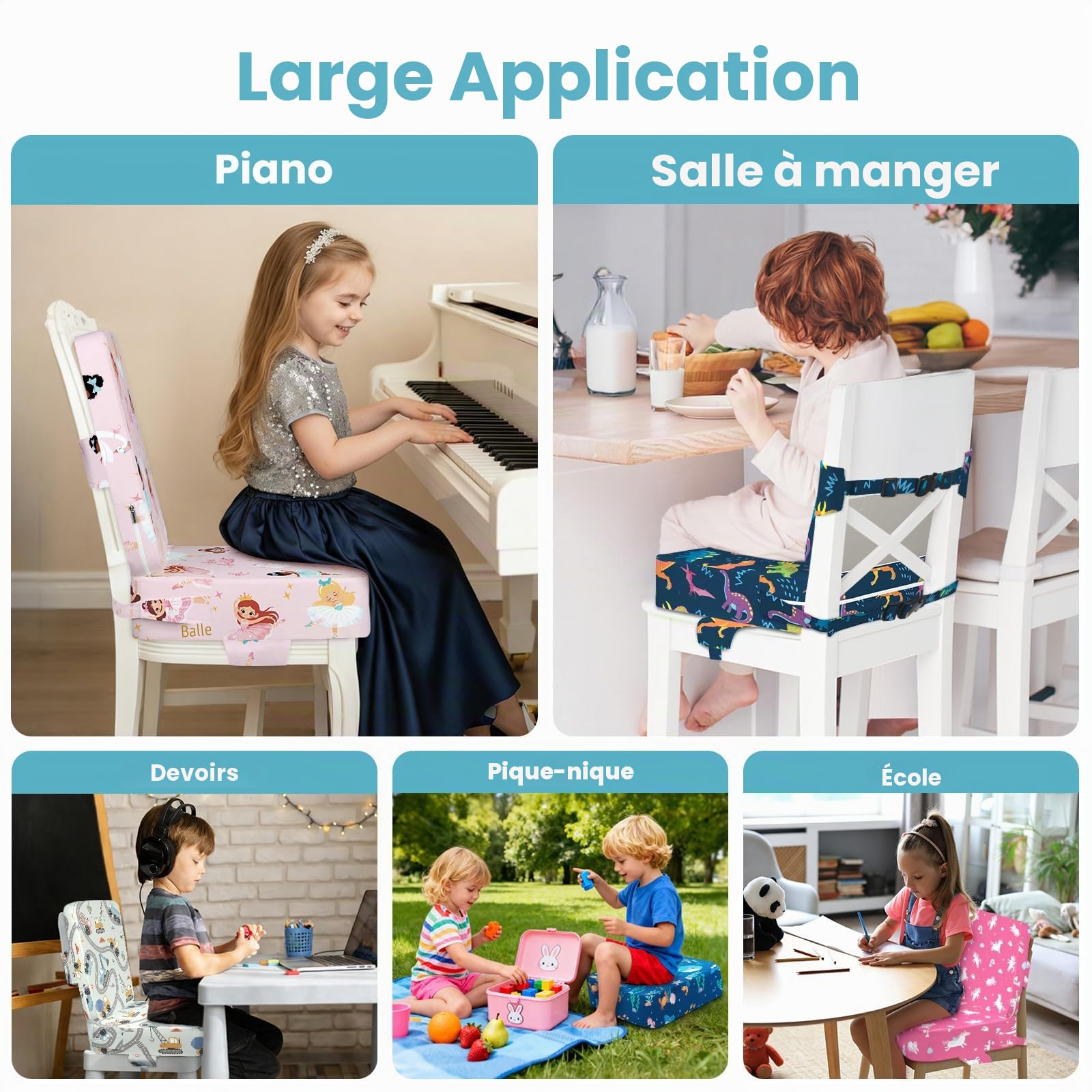 Rehausseur Chaise Enfant Bebe, Antidérapant Réhausseurs De Coussin Portable pour enfant avec Dossier et 3 Sangles de Sécurité Réglables, Lavable 36 x 32 x 10 cm - Pelles Mécaniques (Gris Clair)