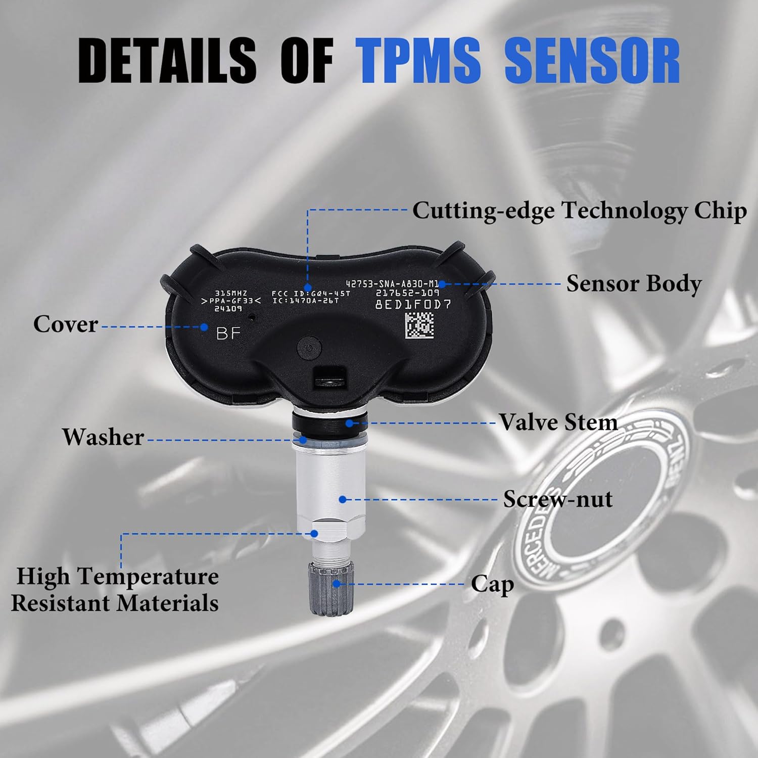 TPMS Sensor Compatible for Honda Fit Civic CR-Z Odyssey Element Insight, for Acura CSX, Tire Pressure Monitoring System 315MHZ Replaces# 42753-SNA-A830-M1, 42753SNAA81, 42753TR3A81, 4Pcs