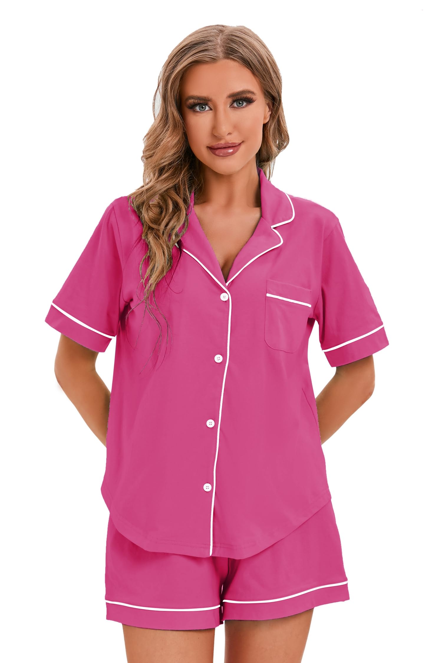 LUBOT Pyjama Femme Coton 100% ete, Pyjama à Manches Courtes, Pyjama Deux pièces pour Femme, vêtements de Nuit, vêtements de détente, tricotés & Haute élasticité, S - XXL