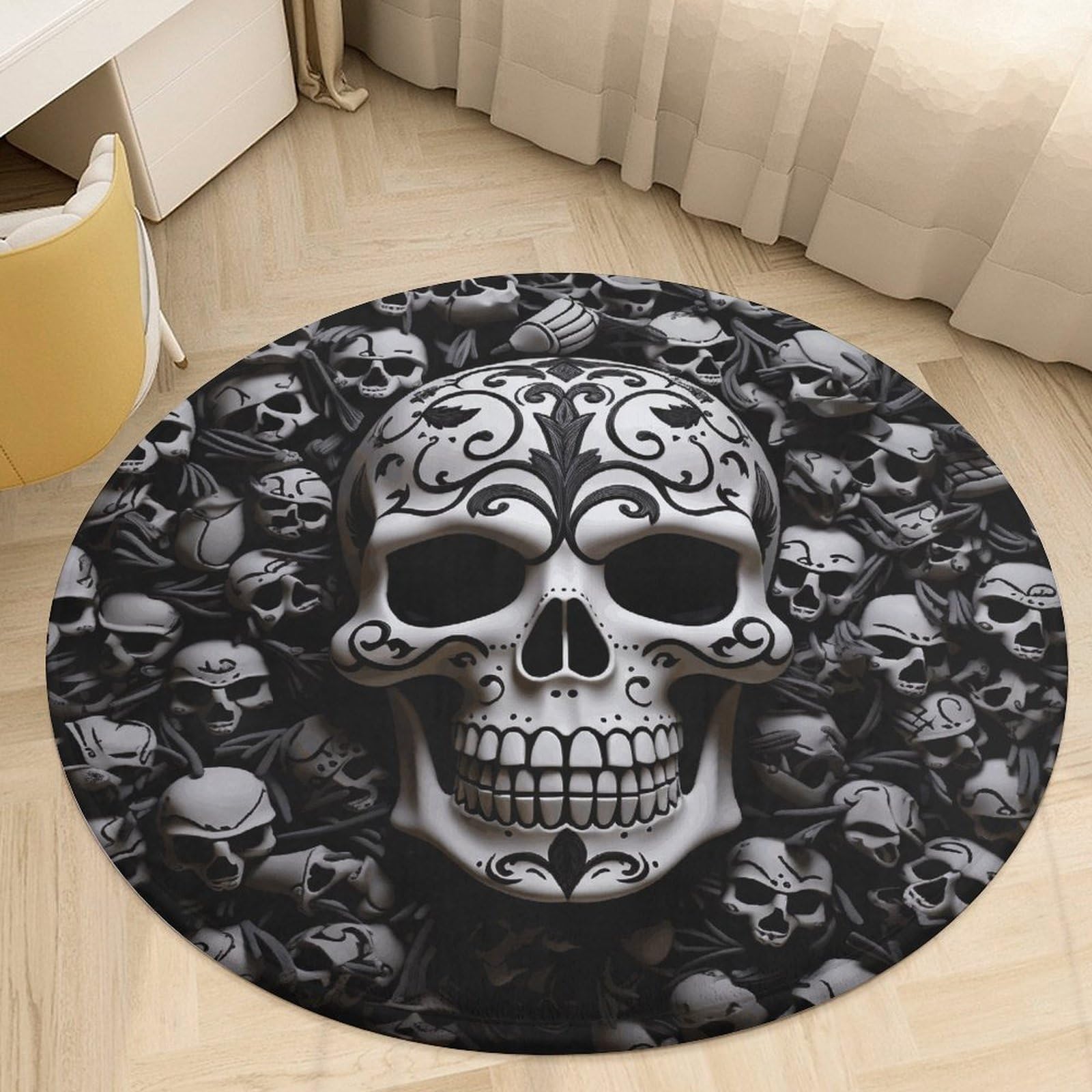 Black and White Skulls Round Entryway Rug, 90 * 90cm Circle Easy Coral Velvet Rugs, Washable Indoor Outdoor Rug, Farmhouse Front Back Door Mat, Non