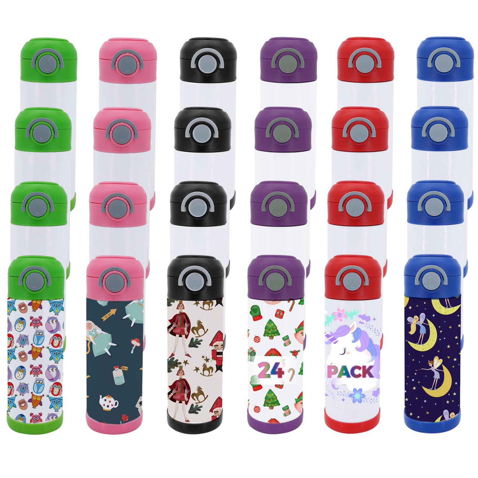Lilsofee 24 Pack 12 OZ Sublimation Straw Sippy Cup Spill Proof Blank Tumblers Mixed Color Stainless Steel Thermos for Hot Drinks Double Wall Vacuum Insulated Water Bottle for School- STICKERS AND DESIGNS NOT INCLUDED
