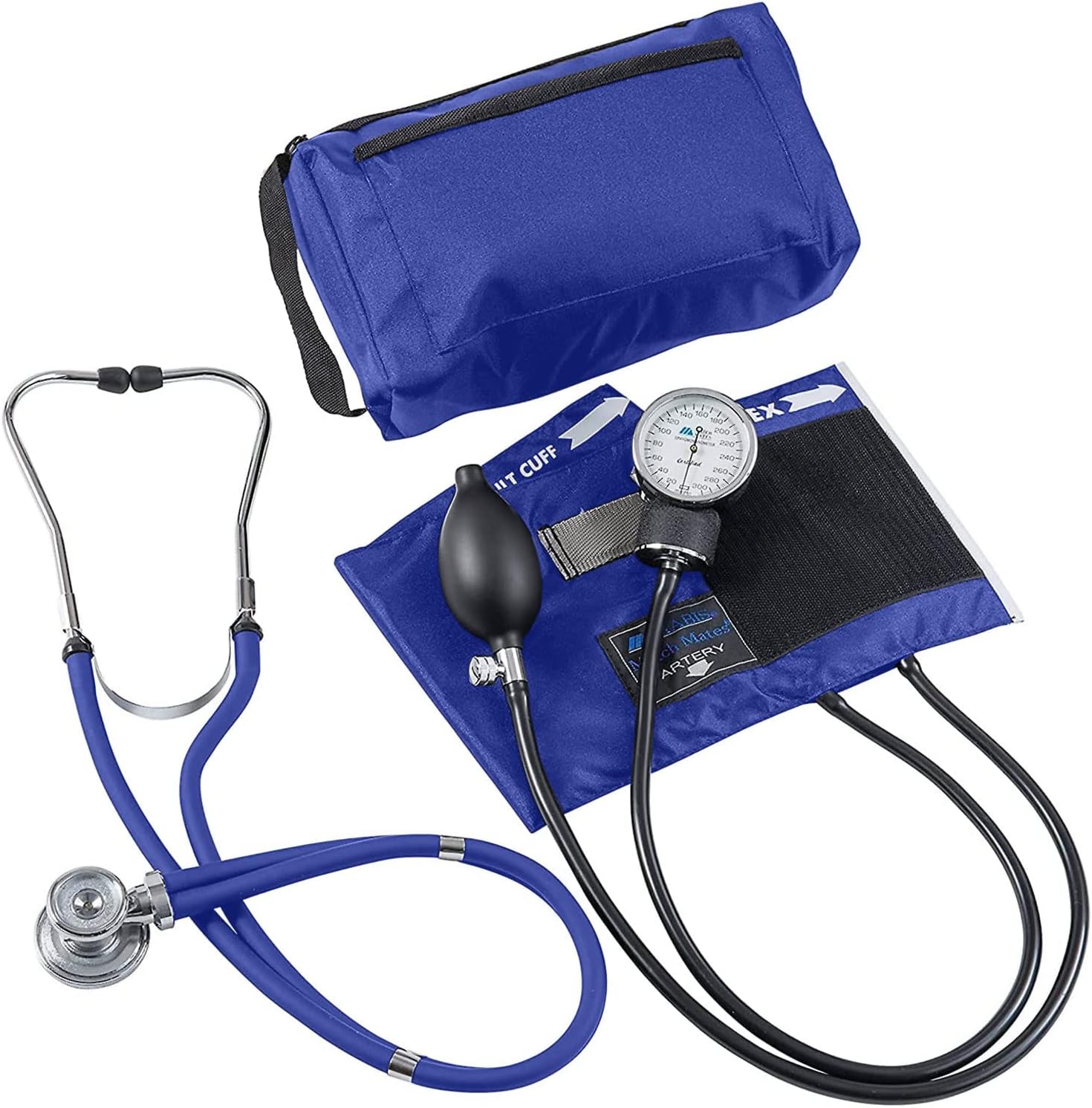 MABIS MatchMates Aneroid Sphygmomanometer and 31" Sprague Rappaport Stethoscope Combination Manual Blood Pressure Kit with Calibrated Nylon Cuff and Oversized Carrying Case, Adult Royal Blue