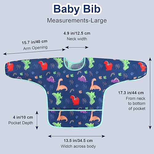 Miniatura 7 de Accmor Paquete de 5 Baberos de Manga Larga, Delantal Babero Impermeable con Mangas para Bebé y Niño Pequeño de 6-36 Meses Dinosaurio azul/dinosaurio
