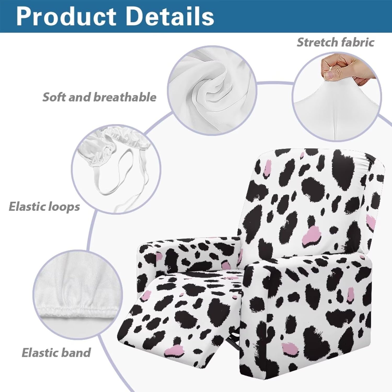 Xoenoiee Cow Print Pattern Recliner Chair Cover 4-Pieces Lazyboy Cover for Recliner Chair with Storage Pockets Furniture Protector for Living Room Printed Sofa Slipcover