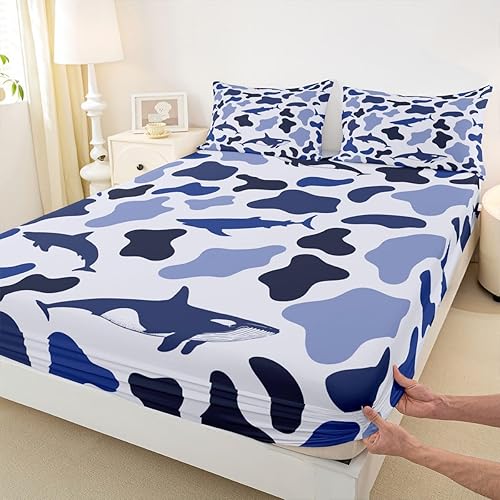 Manfei Sea Animal Camo Fitted Sheet Twin Size,Sharks and Whales Camouflage Bedding Set 2pcs,Blue Ocean Camo Bed Sheets with 1 Pillowcase,Kids Boys