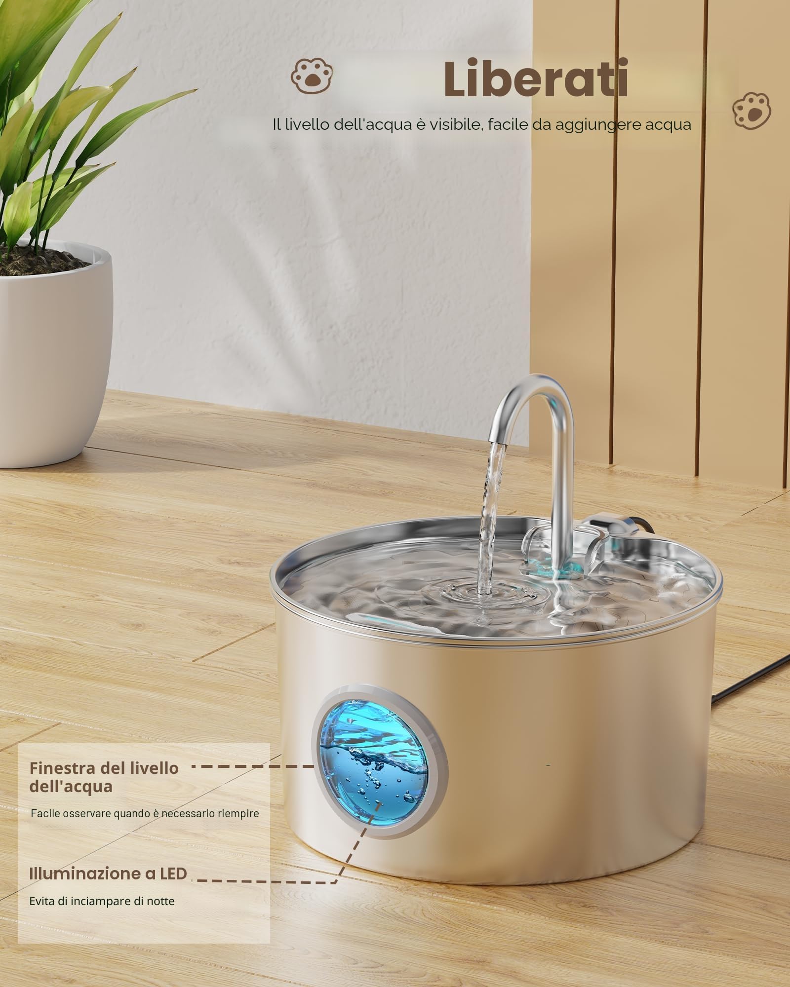 Fontanella per Gatti Acciaio: 2.2L Fontana per Gatti - Non include l'adattatore EU - Automatico Fontanella Gatto - Super Silenzioso Dispenser Acqua Gatto - Distributore Cani - con un Set di Filtri