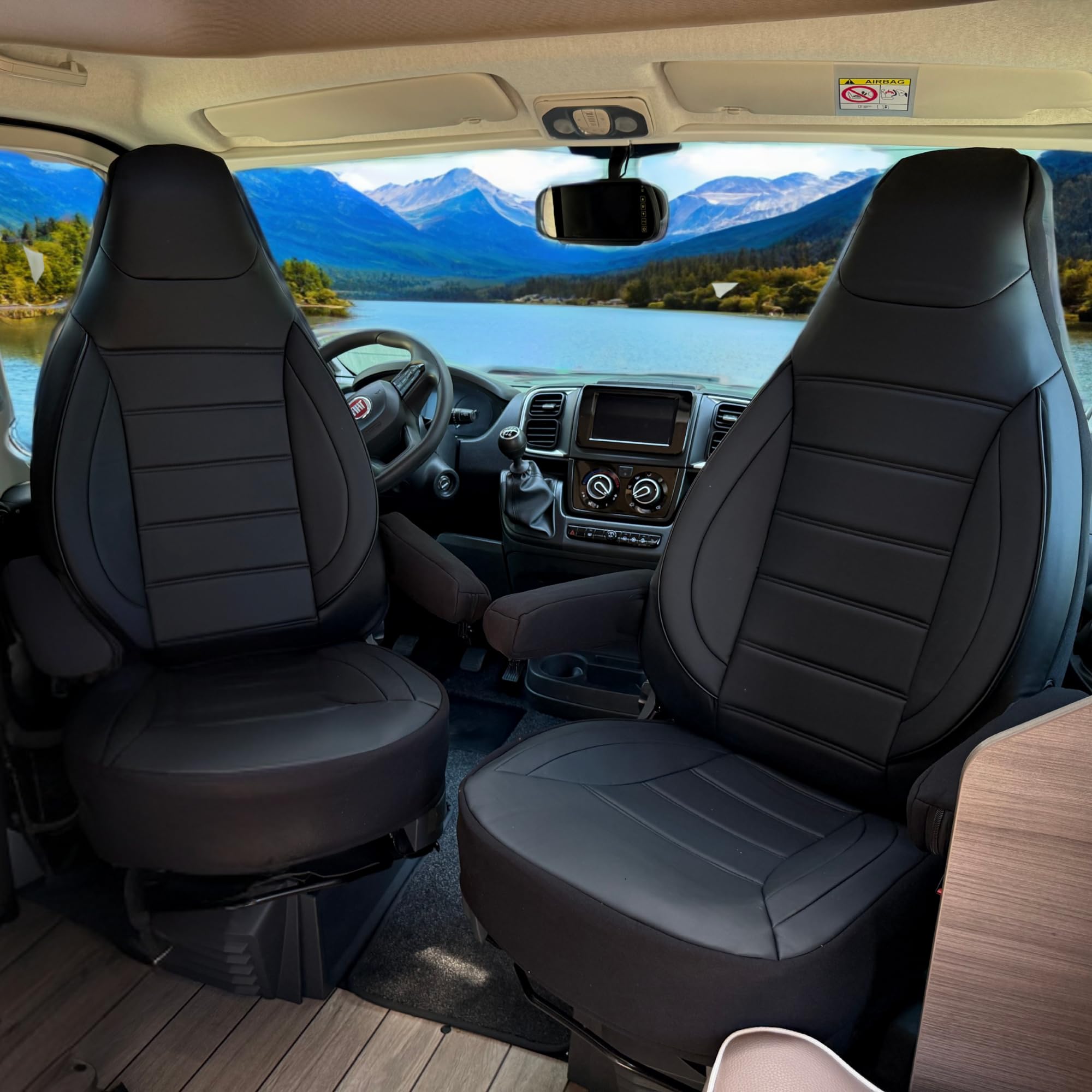 Coprisedili compatibili con Fiat Ducato roulotte/camper / camper / camper su misura, set di 2 parti – conducente 1 + passeggero 1 sedile | con braccioli | CBS103 | nero | ecopelle