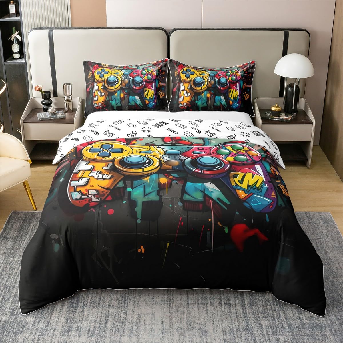 100% Cotton Game Duvet Cover Double Size for Kids Boys Teens,Boys Gaming Graffiti 3 Pieces Duvet Cover,3D Home Video Controller Comforter Cover (Not Comforter),Watercolor Gamer Quilt Cover
