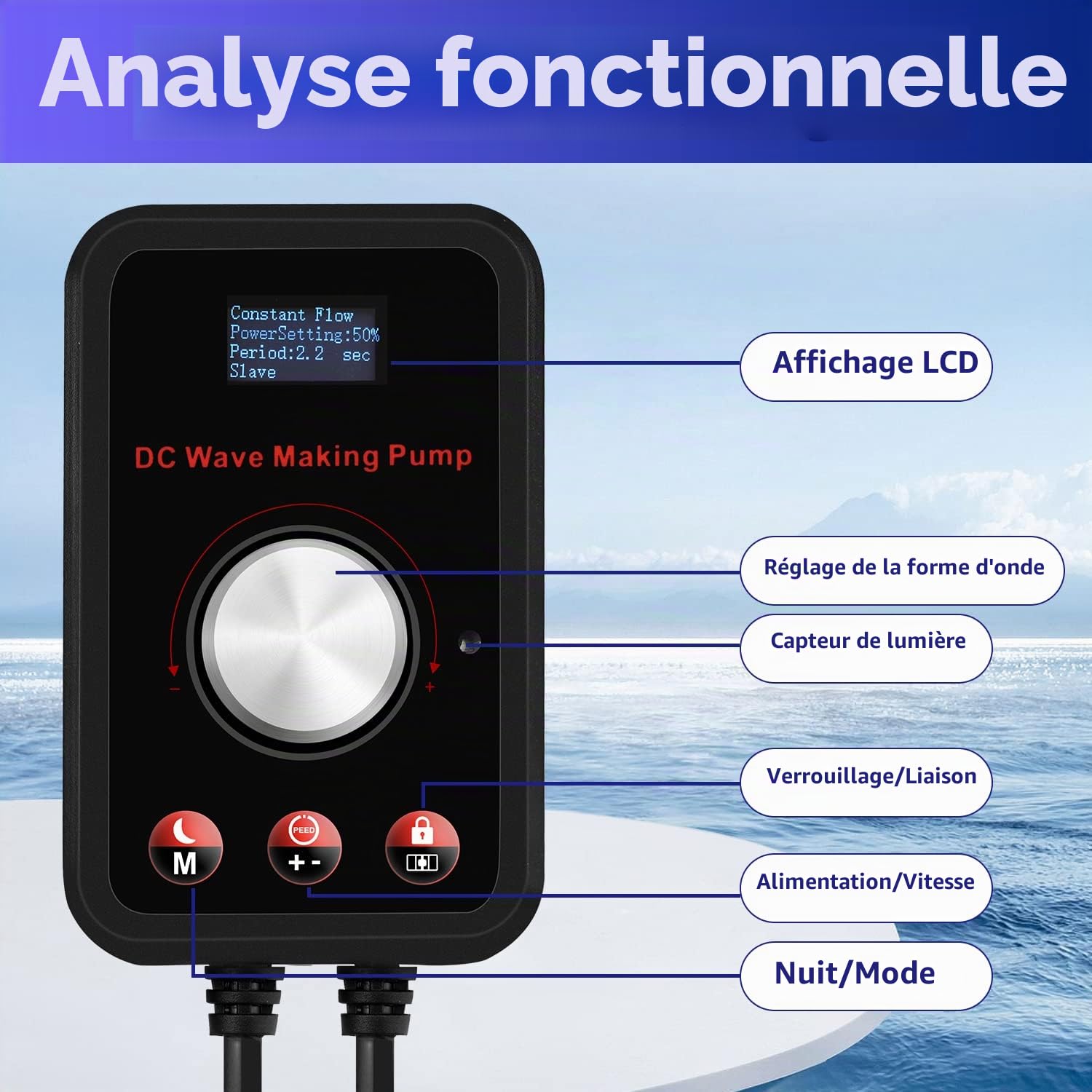 CONQUERALL 430-2160GPH 15W Générateur de vagues pour aquarium 24V DCGénérateur de vagues pour aquarium pour l'eau douce et l'eau salée