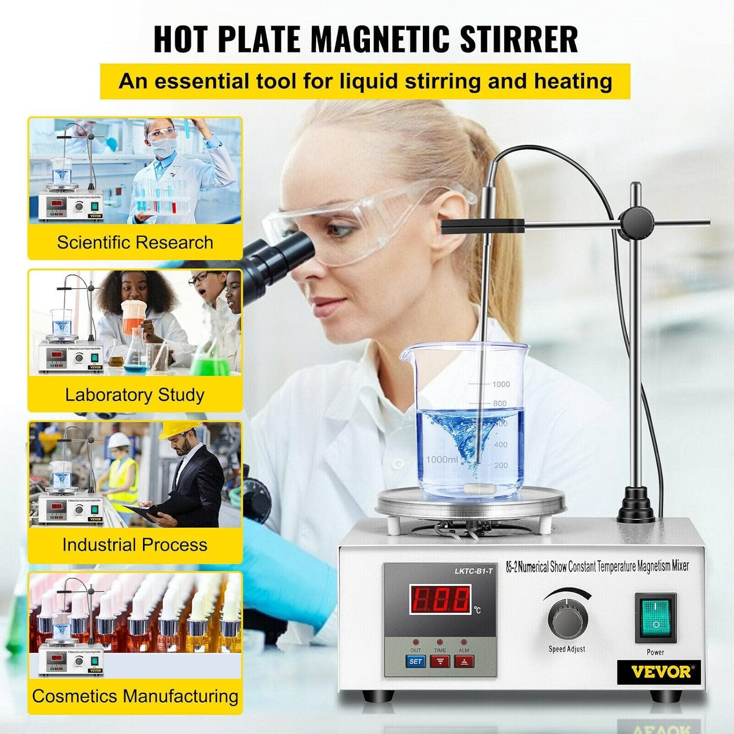 Agitador magnético con placa caliente, mezclador de laboratorio de control preciso de temperatura de 300 W, 2400 rpm, agitador LED de 1000 ml para mezcla de laboratorio