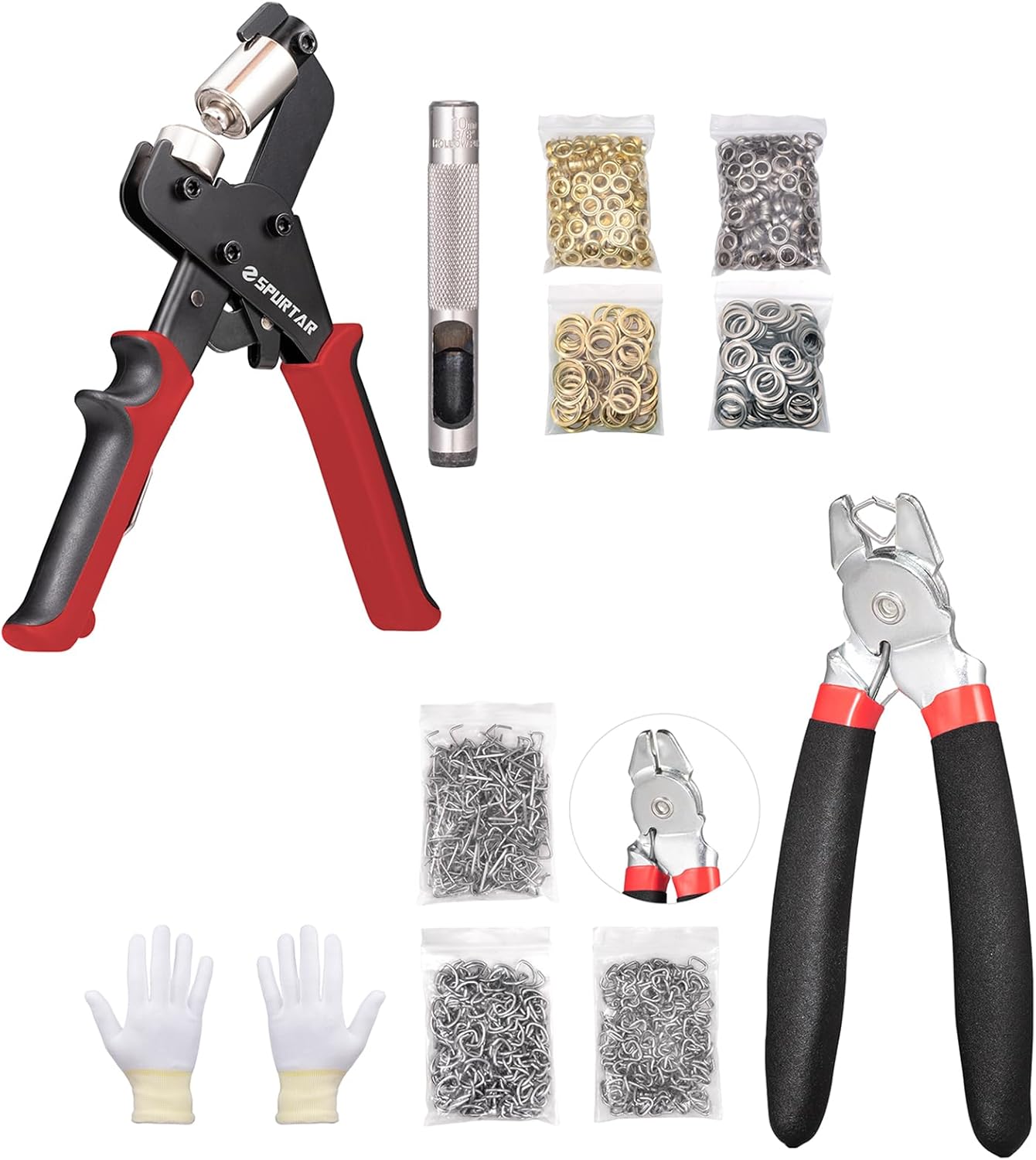 Spurtar Angled Hog Ring Pliers with 360pcs 3/4" 1/2" 3/8" Hog Rings 3/8'' Grommet Tool Kit