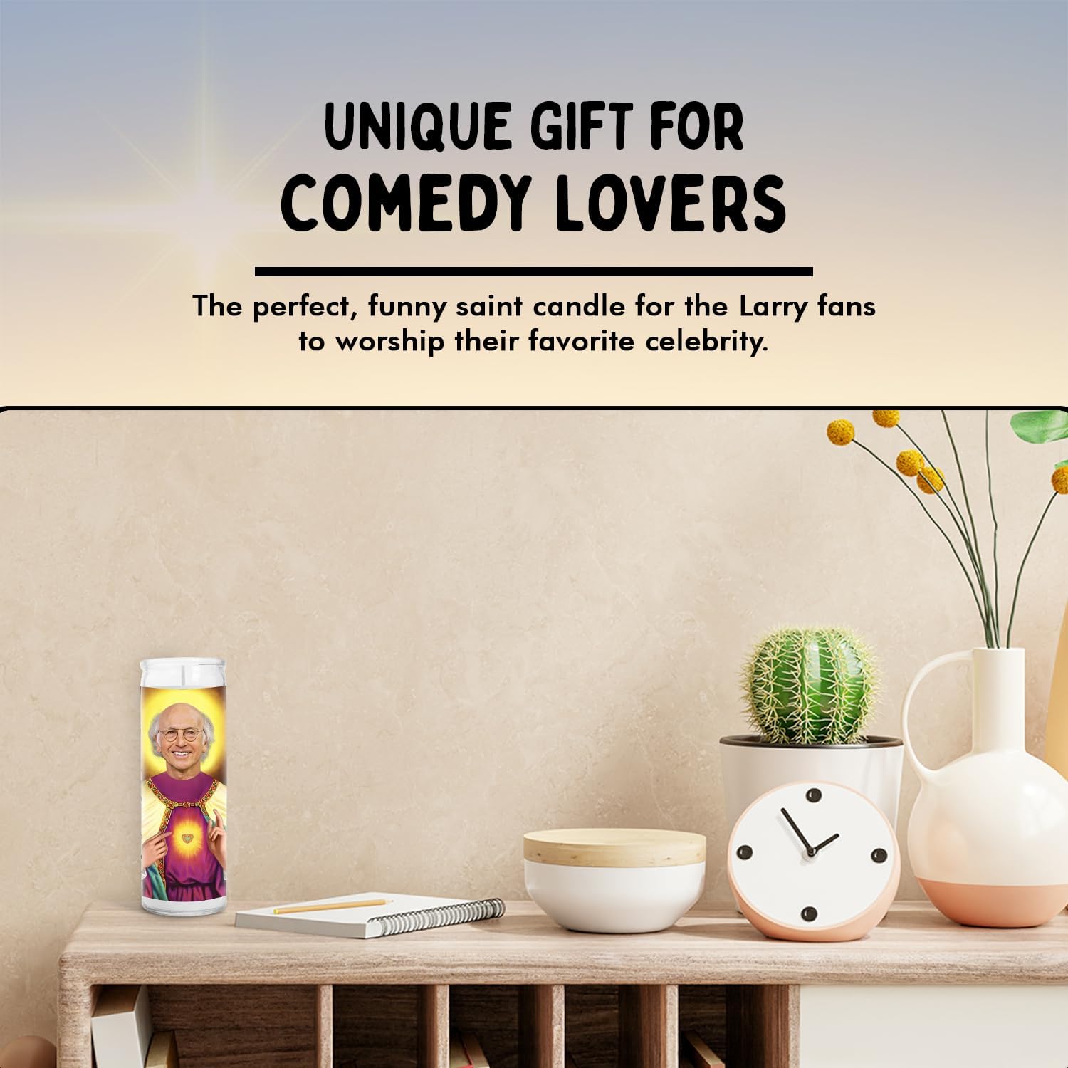 Larry Celebrity Glass Jar Candle – Unscented Handmade Soy Wax Votive Candle – Unique Gift for Comedy Show Fans & Sitcom Lovers – Home Decor Collectible for Living Room & Office – 8 Inch