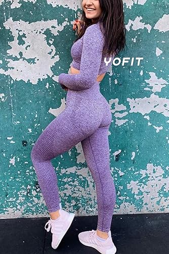 Miniatura 2 de YOFIT - Conjunto deportivo de 2 piezas leggings de yoga de cintura alta sin costuras y crop top con manga larga para mujer, juego de ropa para