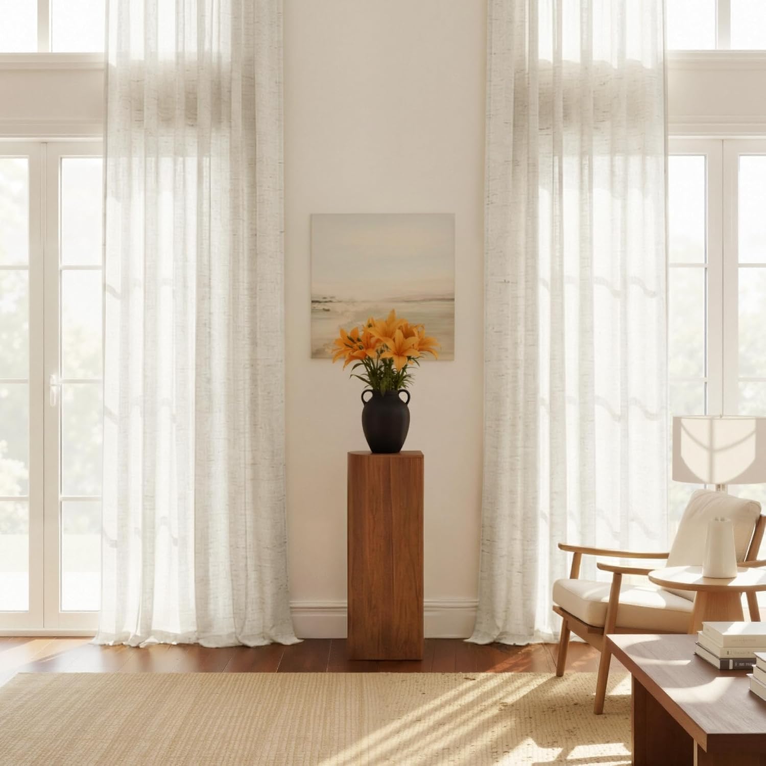 NICETOWN Semi Sheer Linen Burlap Curtains for Living Room, Grommet Light Filtering Airy & Elegant Window Treatments Natural Linen Blend Home Decor for Bedroom, W52 x L96, 2 Panels