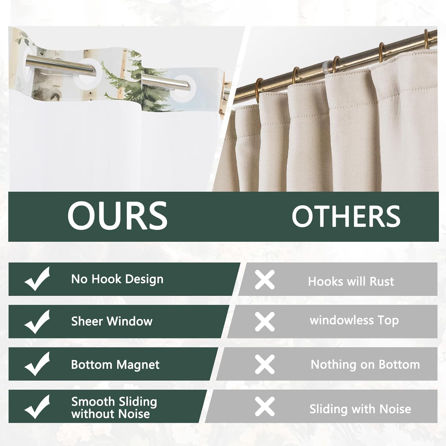 No Hook Animal Shower Curtain with Snap in Liner, Rustic Bear & Woods Design with Mesh Top Window, Waterproof Double Layer Set for Bathroom Decor, 71 x 74 Inch