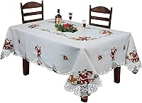 Vista 1 de Creative Linens Mantel navideño de 70 x 90 pulgadas con 8 servilletas bordadas de Papá Noel, renos rojos, flor de pascua, mantel de invierno
