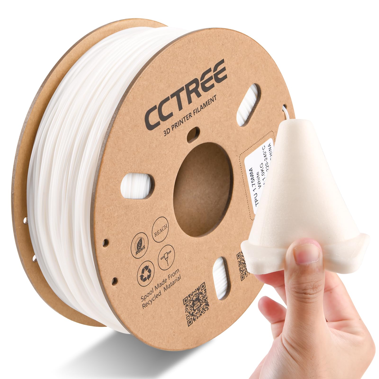 TPU Filament 1.75mm Flexible 3D Printing Filament 1KG, Dimensional Accuracy +/- 0.03 mm, 100A Shore Hardness Flexible TPU Filament fit Most FDM 3D Printers, White