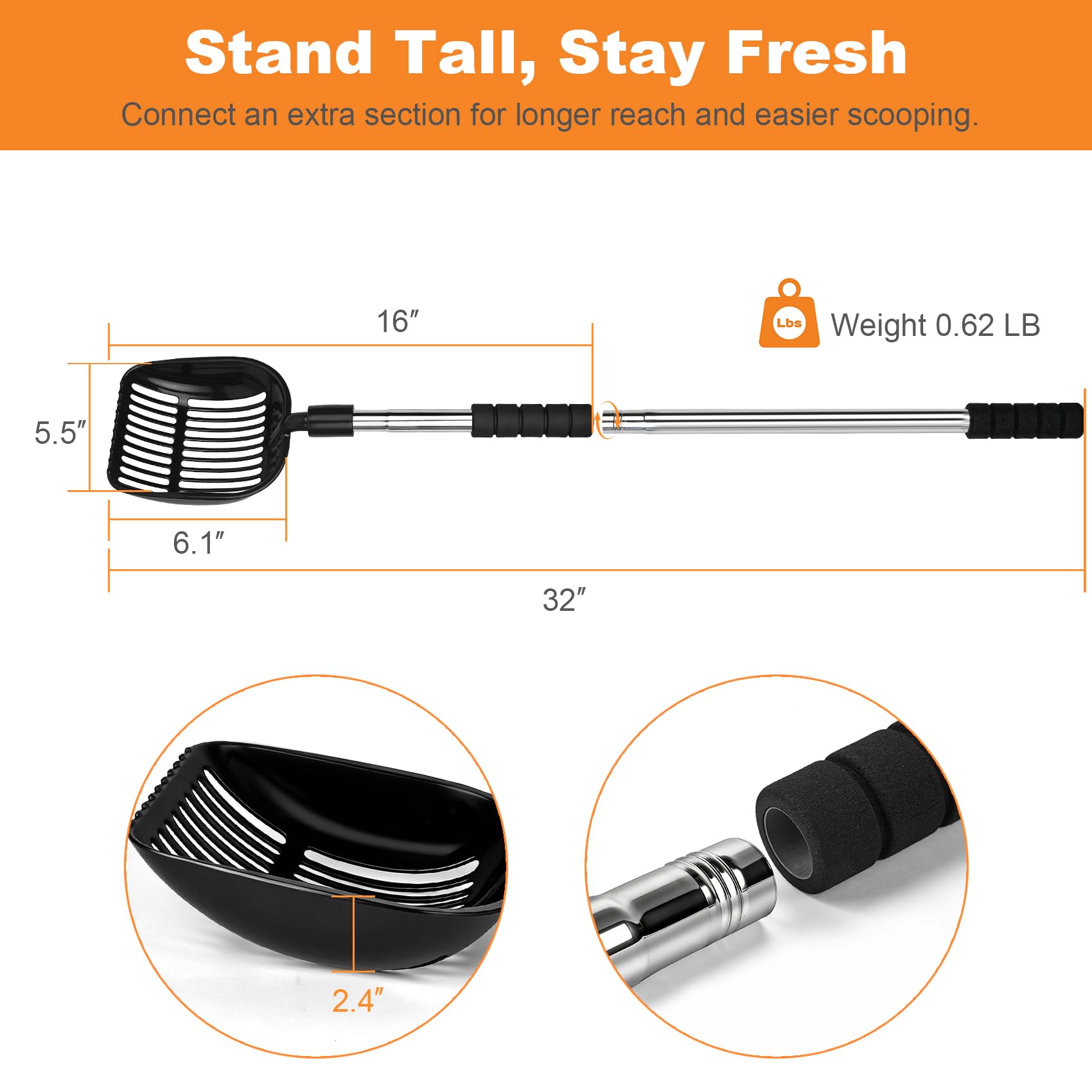 Jiimee Cat Litter Scoop, Metal Litter Scooper with Detachable Long Handle, Cat Litter Sifter with Deep Shovel, Wide Slits for Easy Cleaning, Large Cat Poop Scooper Includes Hook - image 4