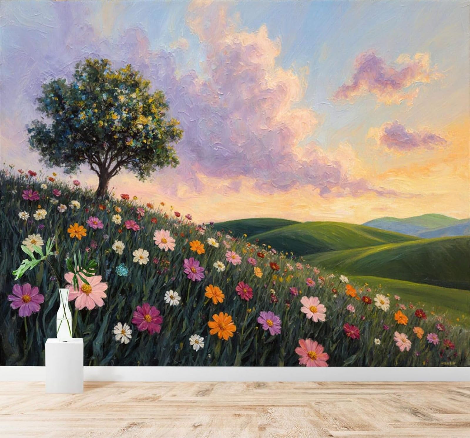 XLMING Wildflowers in Bloom Grassland Trees Sunset Sky 3D Wallpaper Premium Textured Silk Study Dining Living Room Bedroom Sofa TV Wall Easy Install-300cm×210cm