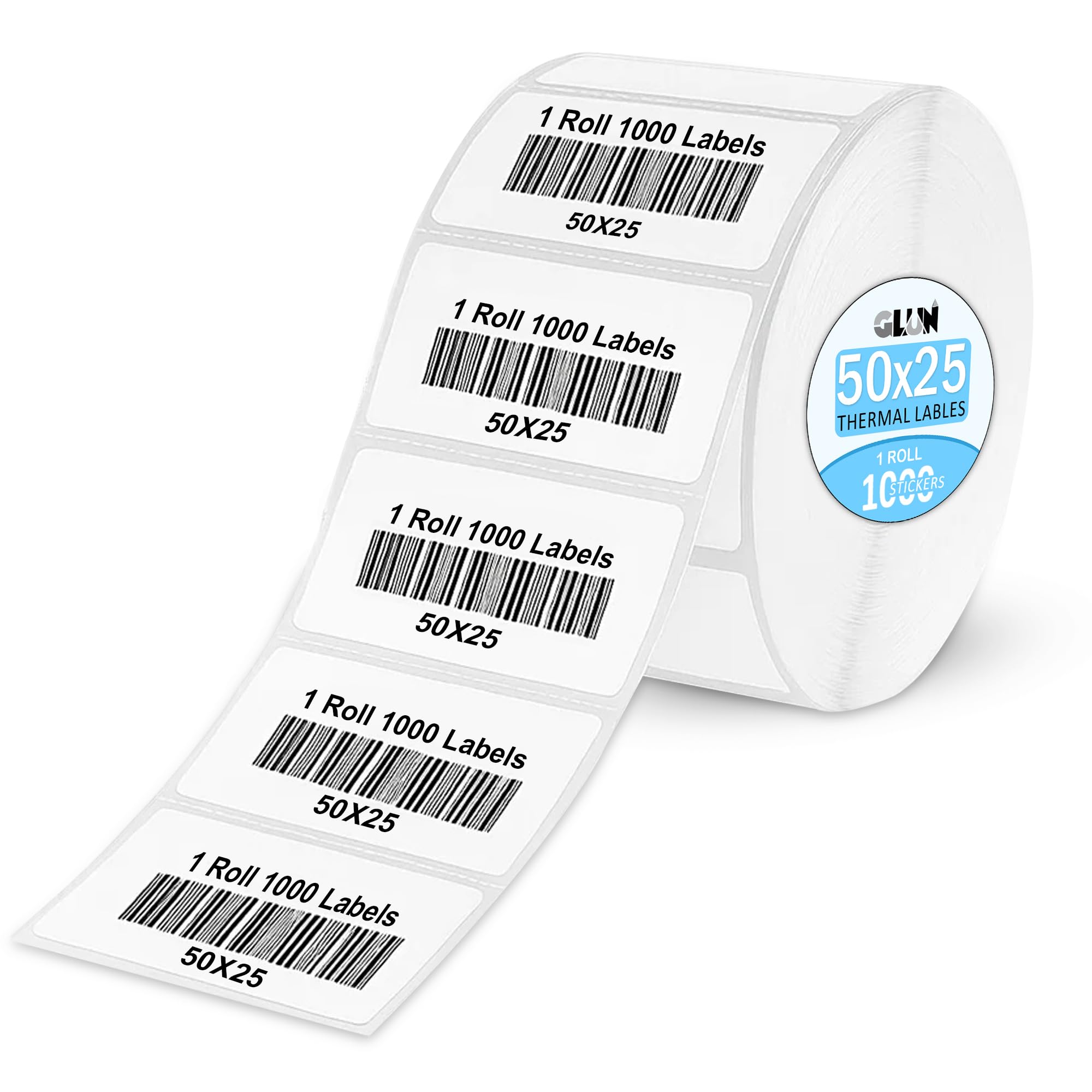GLUN® Direct Thermal Label Roll 50x25mm 1000 White Self-Adhesive Stickers, Smooth Surface Barcode & Price Tag Labels for Mini Thermal Printers