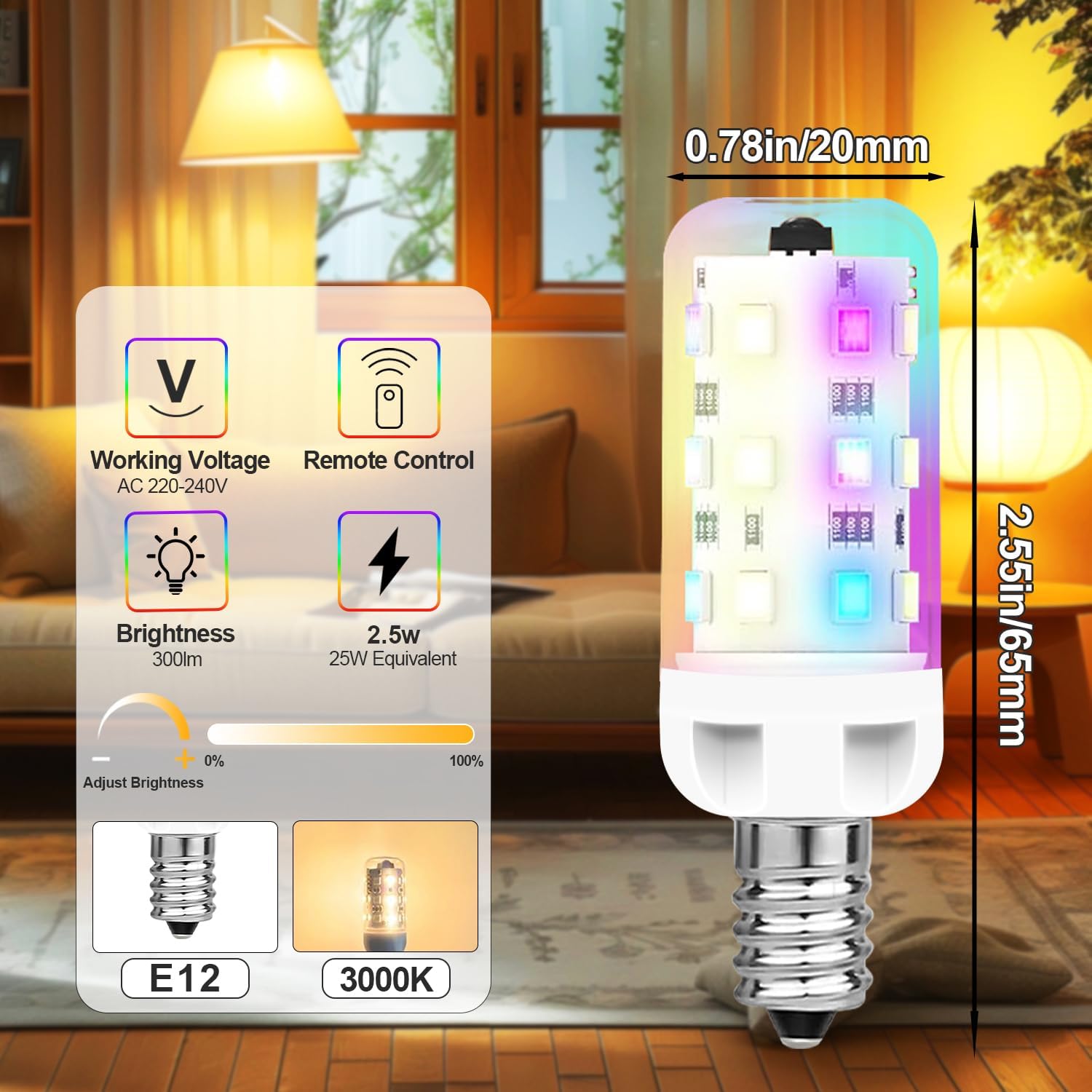 XRise E12 LED Bulb 2.5W Dimmable RGB+Warm White Color Changing with Remote Control Equivalent 25W Halogen E12 Base LED Light Bulbs 3000K 250LM, No Flicker,6 Pack