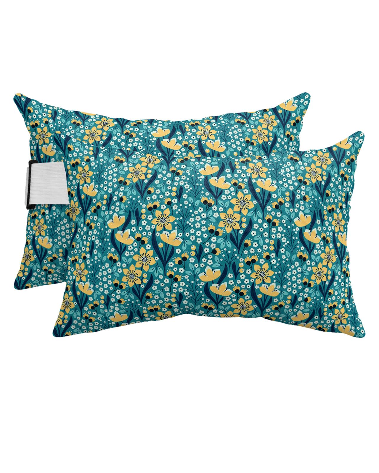 HERBED Outdoor Pillows Covers with Inserts Summer Yellow Flowers Blue Texture Waterproof Pillow with Adjustable Strap Throw Pillows for Patio Furniture Pool Lounge Chair, 12x20 Inch, 2PCS