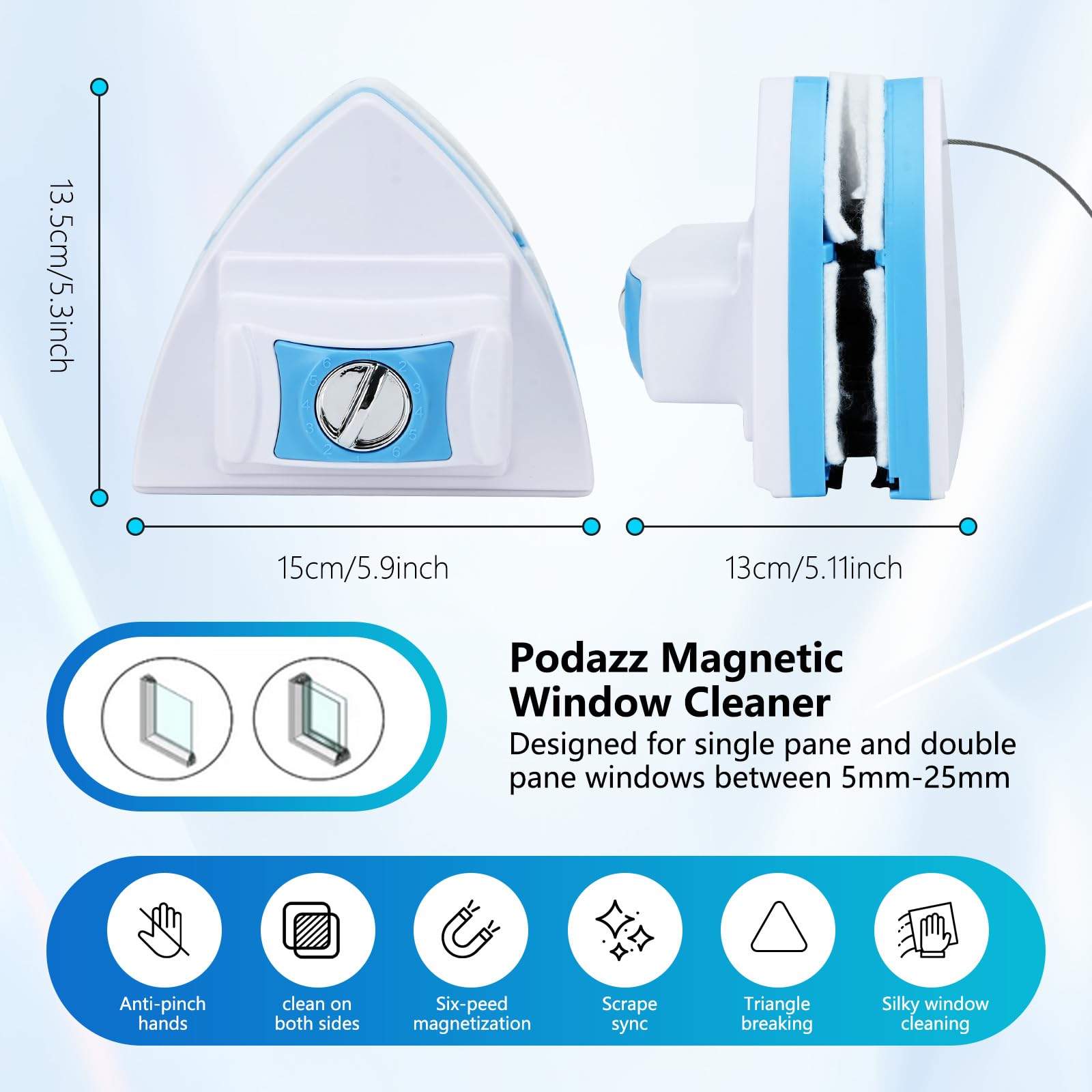 Podazz Home Nettoyeur de vitres magnétique double face, essuie-vitres magnétique double ajustable, pour immeubles de grande hauteur et pare-brise de voiture avec une épaisseur de 5-25 mm (5-25 mm)