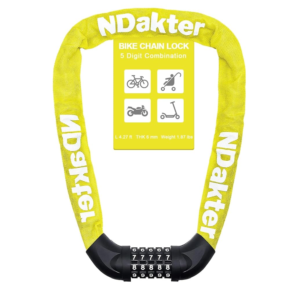 NDakter Bike Lock, 5 Digit Combination Heavy Duty Anti Theft Bicycle Chain Lock, 2.62/3.2/4.27/5/6Ft Long, High Security Resettable, Suitable for Bike, Scooter, Door, Gate, Fence-4/6mm Thick