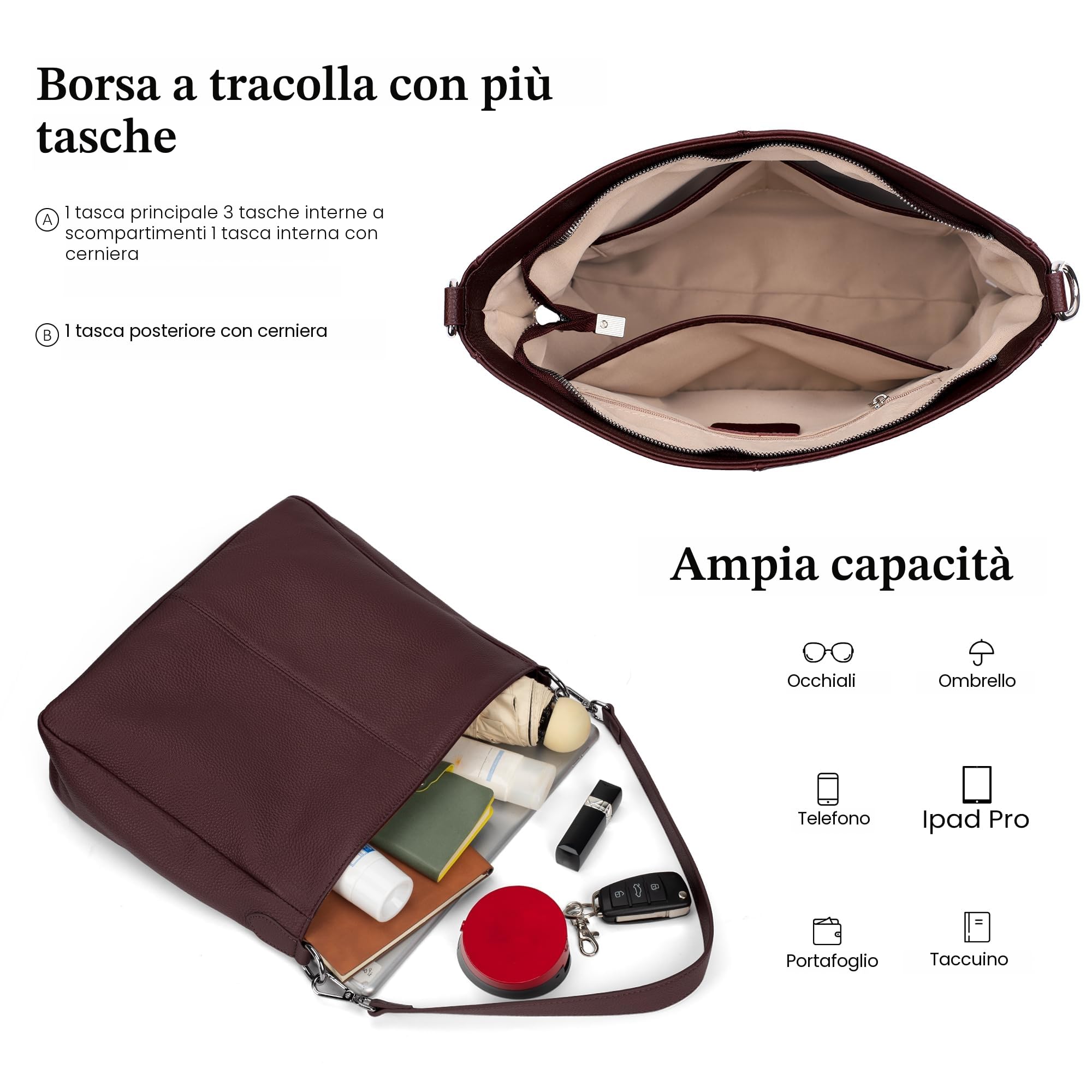 befen Borsa a Spalla Hobo Donna, Borsa a Mano Tracolla Vera Pelle Borsa Tote Media con Manico Lungo - Borsetta Moda Città Classica Pratica Elegante