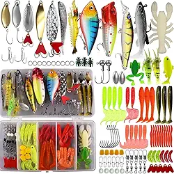 Conjunto de iscas de pesca – Kit abrangente de iscas de pesca para truta robalo salmão – Inclui camarão de plástico, isca de minhoca, colher e gabaritos de crankbait
