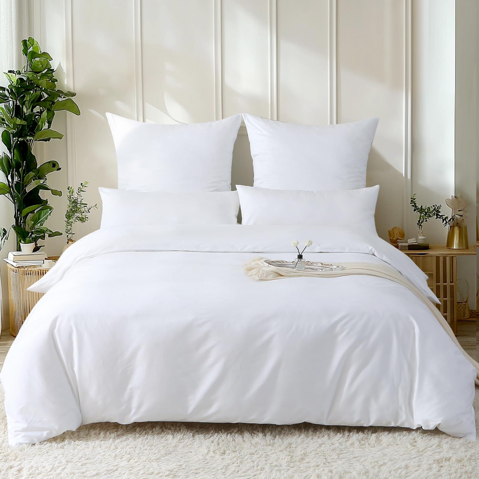 SOULFUL Satin Bettwäsche 135x200 Baumwolle,100% Langstapelige Baumwolle Seidig Luxus Bettzeug, ÖkoTex Zertifiziert & für Allergiker Geeignet, 1 Bettbezug 135x200 & 1 Kissenbezug 80x80,Weiß