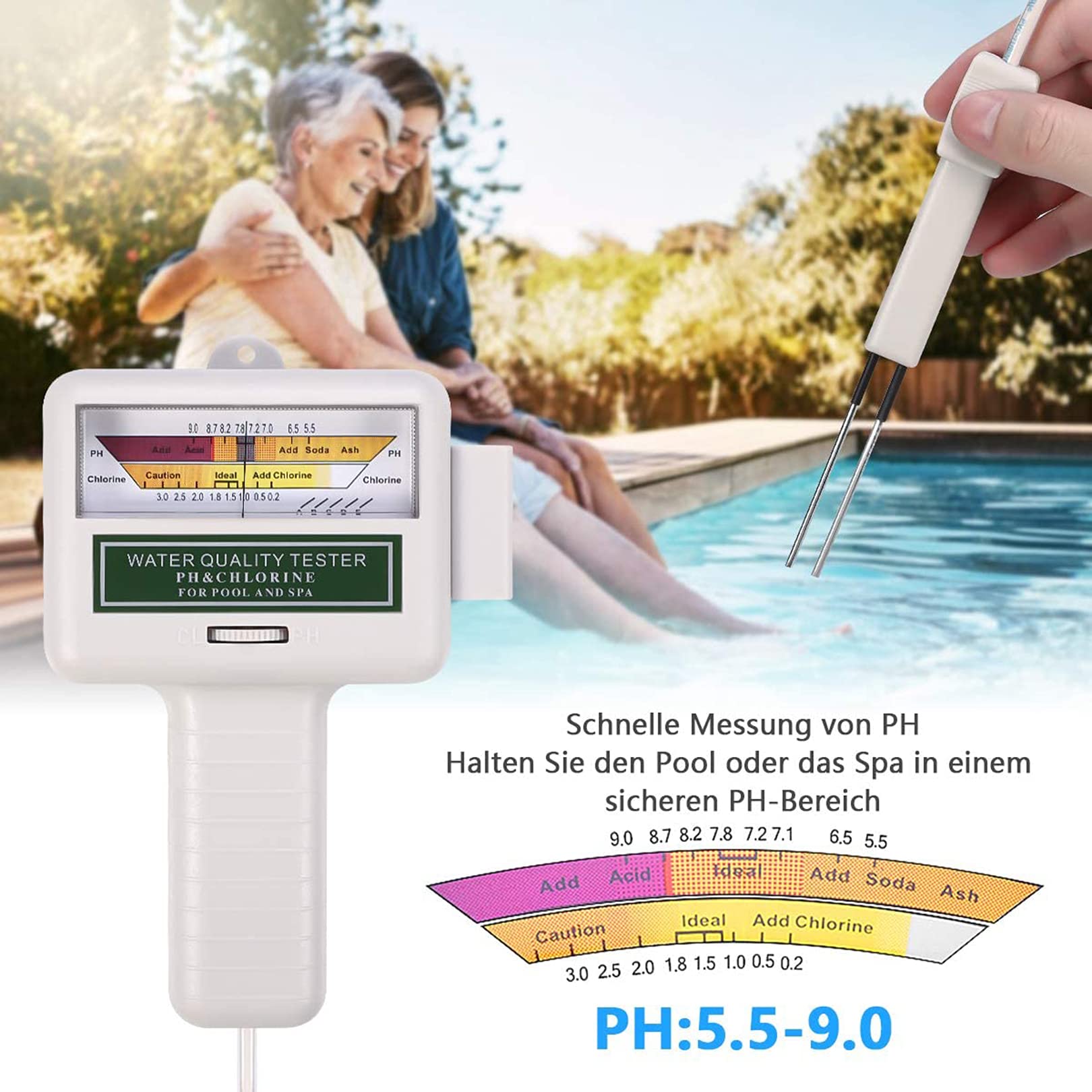 Misuratore di Cloro PH, Misuratore di Cloro E PH 2 in 1 per Piscina, Test dell'Acqua Misuratore di PH Elettronico Digitale Misuratore di Cloro per Piscina Spa Piscina per Acqua Potabile